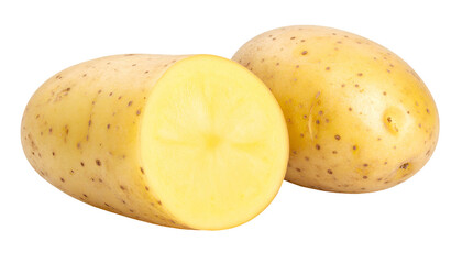 Two whole and sliced raw tubers on a black backdrop, showcasing inner and outer textures