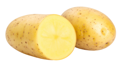 Two whole and sliced raw tubers on a black backdrop, showcasing inner and outer textures