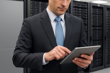 Businessman in data center using digital tablet for IT management and cybersecurity operations in modern server room environment. Ai generative