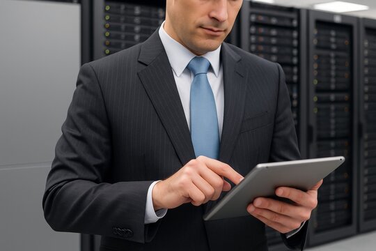 Businessman in data center using digital tablet for IT management and cybersecurity operations in modern server room environment. Ai generative