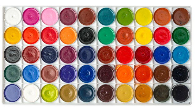A close-up view of a new watercolor paint palette, with a variety of vibrant colors