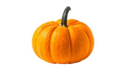 Close-up of a perfectly ripe, miniature, round, orange gourd with a green stem, isolated