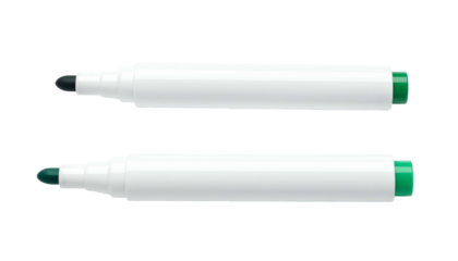 Two white markers with black and green tips on a black background, perfect for writing or drawing
