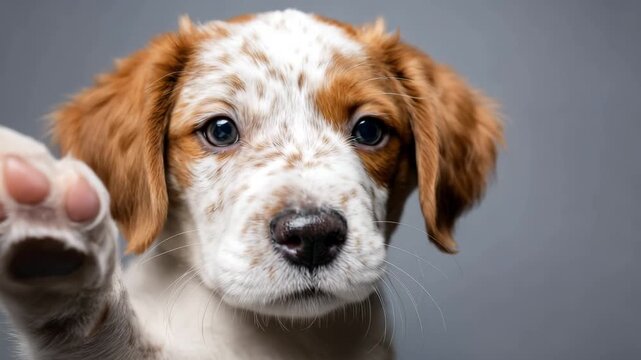 Cute puppy playing, looking at camera with open mouth and raised paw, copy space