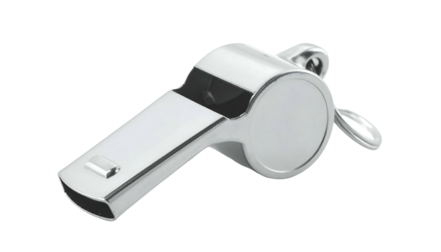 Metallic, shiny, silver whistle with a loop for a lanyard, isolated on a black background