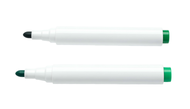 Two white markers with black and green tips on a black background, perfect for writing or drawing