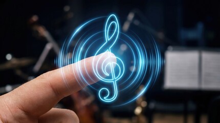 Online education technology concept A finger touches a glowing treble clef, symbolizing music and creativity.