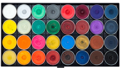 A flat overhead shot of a neatly organized array of various colored paint pucks
