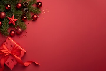 Beautiful holiday arrangement featuring a red gift with ribbon, ornaments and fir branches creating a perfect festive atmosphere for Merry Christmas and New Year celebration.