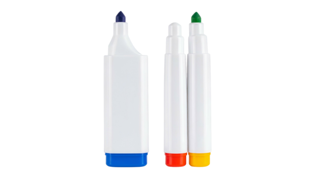 Three colorful markers with white bodies and different colored tips sit on a black background