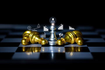 Silver chess pawn with business and financial icons symbolizes leadership, strategy, and growth in competitive markets.