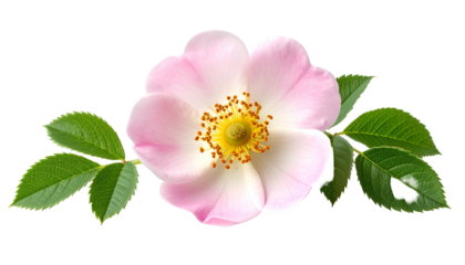 Close-up of a delicate pink flower with yellow center, surrounded by green leaves (2)