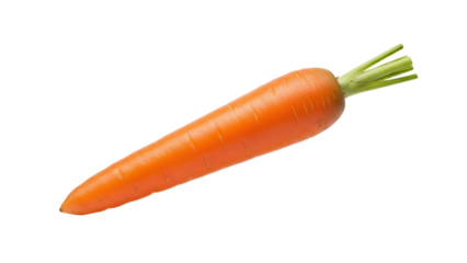 A close-up studio shot of a fresh, vibrant orange carrot with its green leafy top isolated against a clean white backdrop evoking culinary simplicity