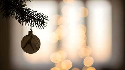Christmas ornament hanging from pine branch with bokeh lights in the background.