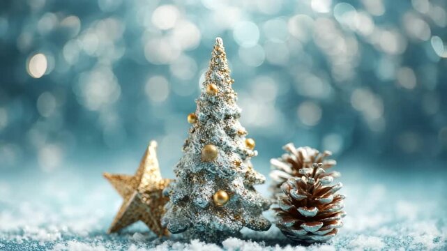 Christmas tree ornament with golden star and pinecone on sparkling snow