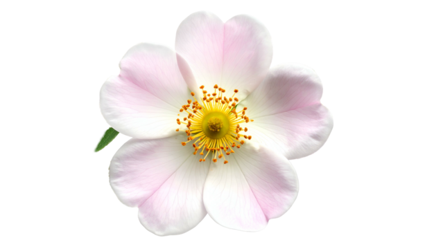 Close-up of a delicate flower with pink-tinged petals and a vibrant yellow center