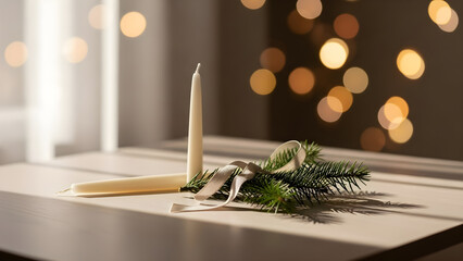 Two cream-colored candles with evergreen sprigs and ribbon on a table in sunlight.