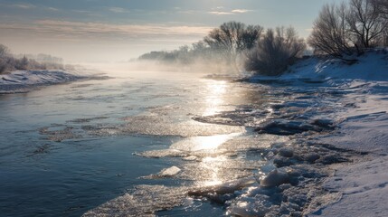 Frozen riverbank with ice floes and morning mist reflecting sunlight winter snow