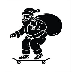 Santa Claus riding skateboard vector silhouette with gift bag and snowflakes illustration, Perfect for festive designs, modern Christmas themes, seasonal branding, and creative holiday projects.