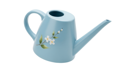 Pastel blue watering can with delicate floral design for garden care serenity and cultivation aesthetics enhancing outdoor tranquility