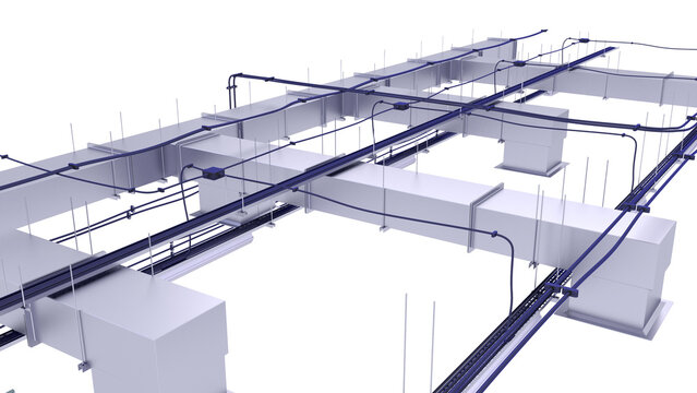 Industrial Ceiling Air Ducts - Ventilation systems. 3D rendering isolated on white background. Ideal for professionals, educational, engineering, and industrial design.