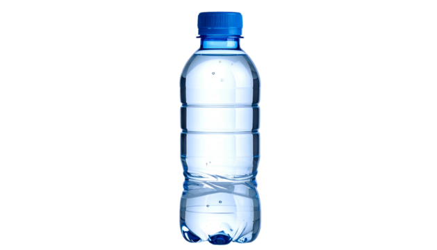 Clear plastic bottle filled with refreshing, transparent liquid, against a black backdrop