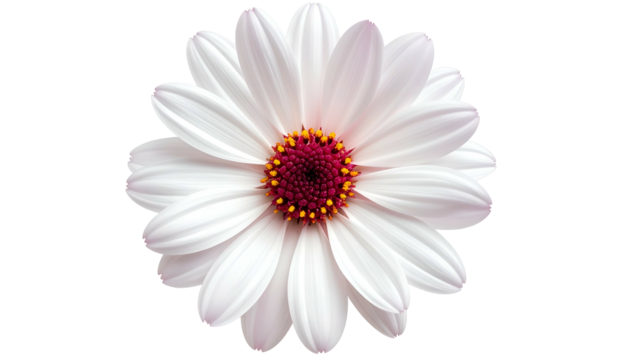 Overhead view of a delicate white daisy with a vibrant magenta and yellow center, on black - Powered by Adobe