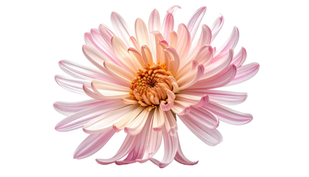 Close-up of a delicate chrysanthemum bloom with soft pink petals and a textured center