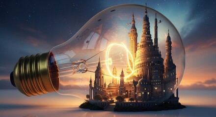 A fantastical city of spires and domes is contained within a giant lightbulb, glowing brightly against a sunset sky.