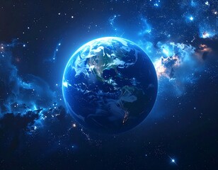 Earth from space against a backdrop of nebulae and stars