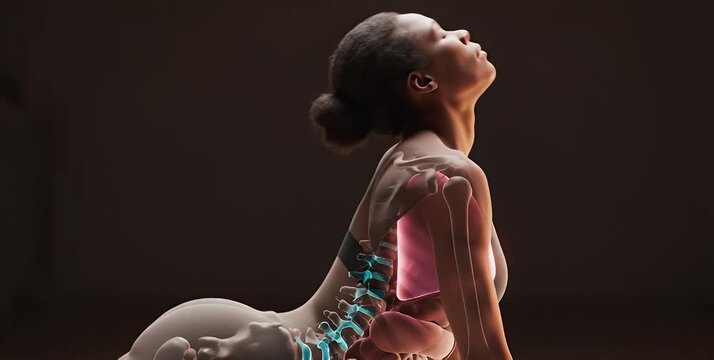 Woman in yoga pose with visible internal organs, lungs and spine.