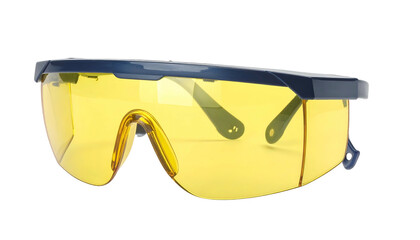 Close-up of protective eyewear with yellow lenses, a dark blue frame, and a black background