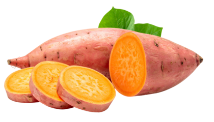 Close-up of a sweet potato, partially sliced, with vibrant orange flesh and green leaves