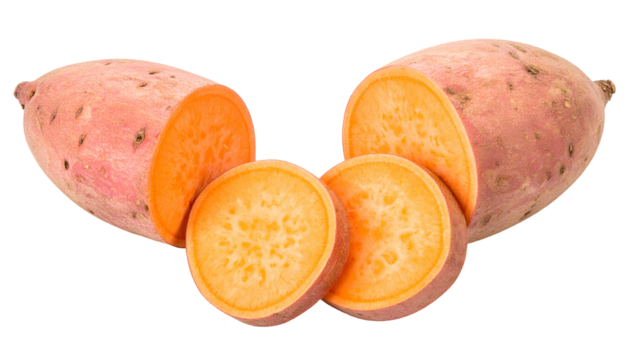 Sliced sweet potatoes with vibrant orange flesh and reddish-brown skin on black background