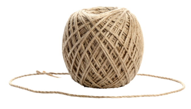 A close-up shot of a ball of twine with a length of the cord extending from it