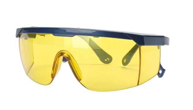 Close-up of protective eyewear with yellow lenses, a dark blue frame, and a black background