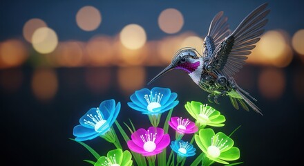 Fototapeta premium Mechanical hummingbird hovering among vibrant, bioluminescent flora at twilight hour
