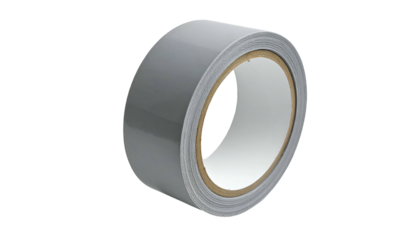 A roll of shiny gray adhesive tape with a visible core, isolated against a black background