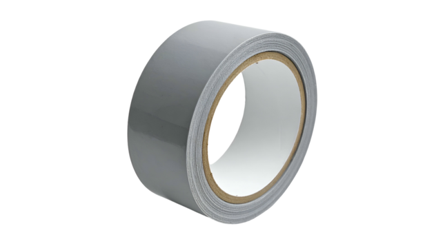 A roll of shiny gray adhesive tape with a visible core, isolated against a black background