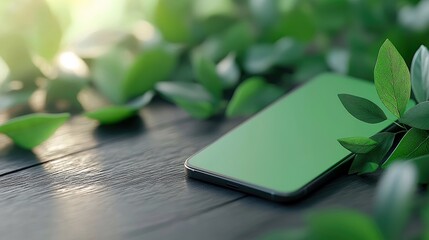 A smartphone with a green screen lies on a dark wooden surface, partially obscured by vibrant green leaves. Soft, natural light filters through the foliage, cre