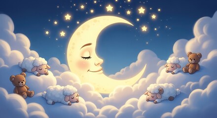 Dreamy celestial scene with sleeping sheep teddy bears and a crescent moon character in fluffy