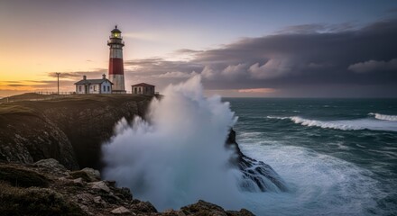 Dramatic coastal scenery with lighthouse enduring a powerful storm at sunset coastline