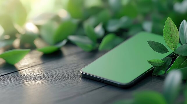 A smartphone with a green screen lies on a dark wooden surface, partially obscured by vibrant green leaves. Soft, natural light filters through the foliage, cre