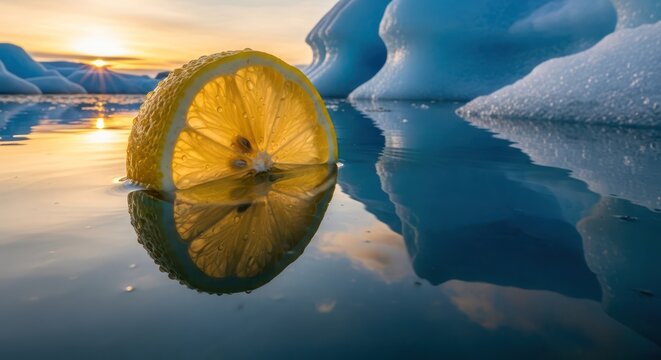 Surreal juxtaposition of citrus and icebergs in serene arctic waters at sunset