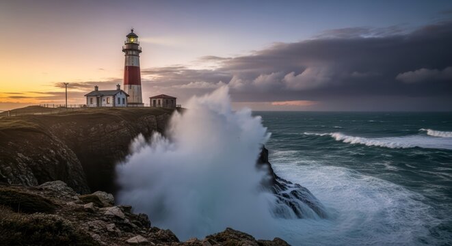 Dramatic coastal scenery with lighthouse enduring a powerful storm at sunset coastline