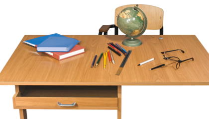 Wooden desk with books, pens, globe, and glasses, implying learning and study