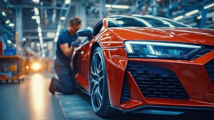 A striking red sports car receives its final check at the factory, ready for delivery.