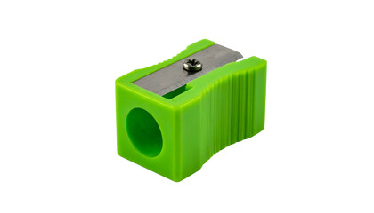 Close-up of a bright green plastic pencil sharpener isolated on a black background