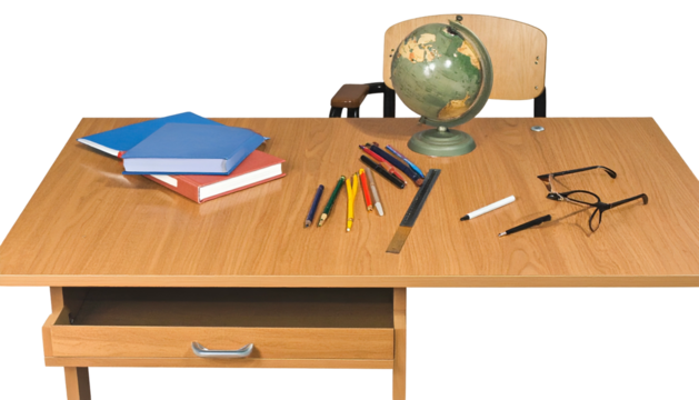 Wooden desk with books, pens, globe, and glasses, implying learning and study