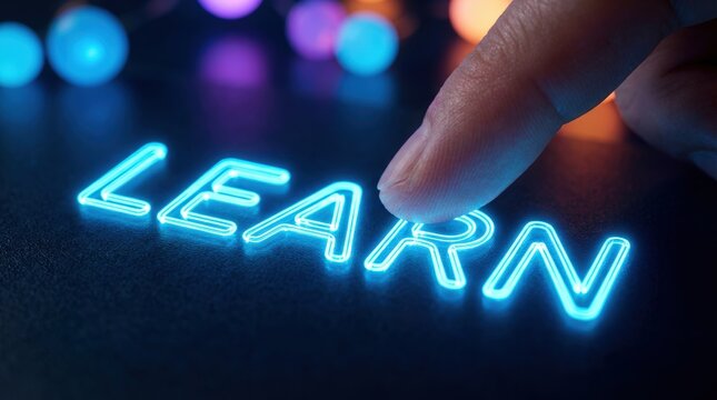 Online education technology concept A finger touching the glowing word "LEARN" with colorful blurred lights in the background.